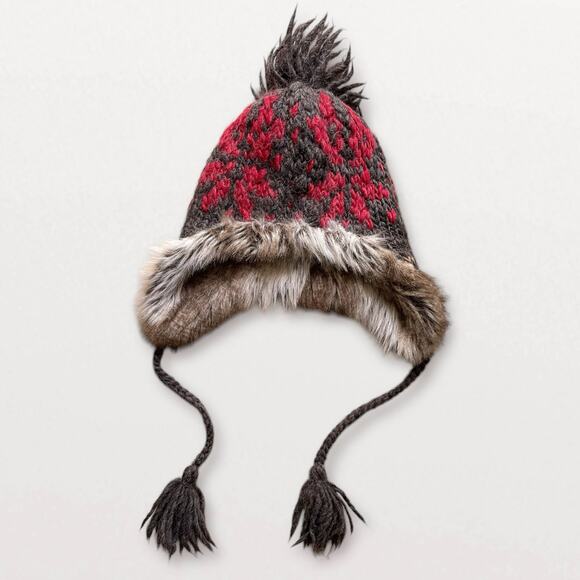 Boho 100% Wool & Alpaca Knit Beanie Faux Fur Pom Pom Fair Isle Gray Brown Red - Picture 1 of 7